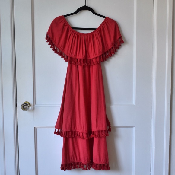 Lulu’s PENSACOLA RED OFF-THE-SHOULDER TASSELED MIDI DRESS - Picture 4 of 7